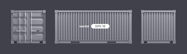 frachtcontainer isoliert auf weißem hintergrund. vektor-illustration. 3d-rendering. versand-, transport- und liefervorlage. graue farbe. realistisches konzept. einfaches cartoon-design. eps10 abbildung. - container stock-grafiken, -clipart, -cartoons und -symbole