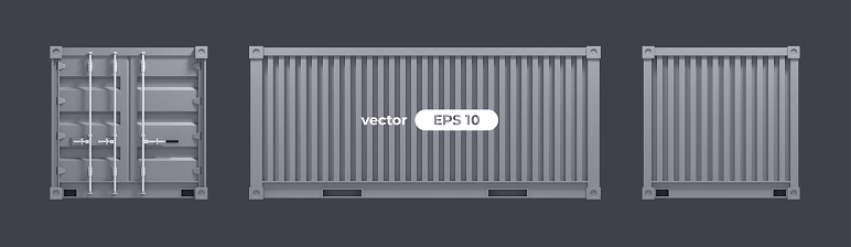 Cargo container isolated on white background. Vector illustration. 3d render. Shipping, transportation and delivery template. Grey color. Realistic concept. Simple cartoon design. Eps10 illustration.