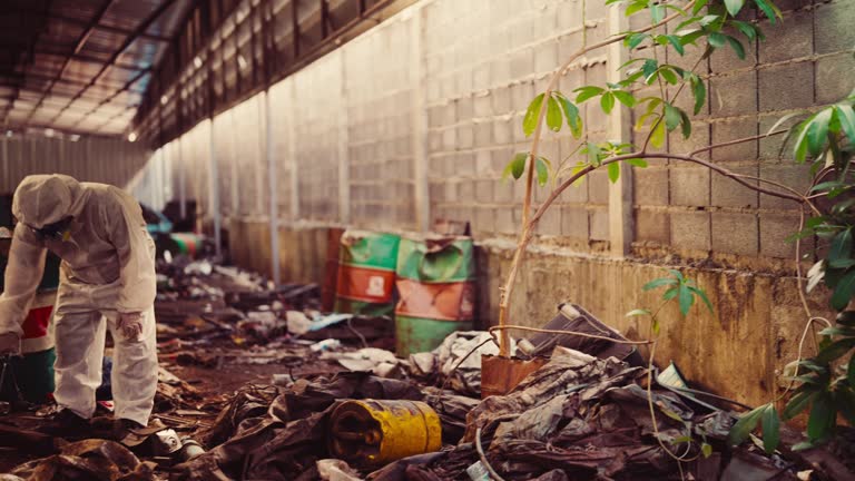 Scientist collecting dangerous samples from polluted area