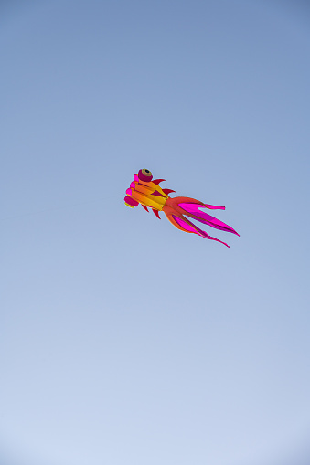 A red kite flying against a vivid blue sky