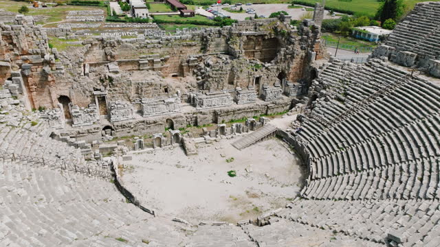Aerial view of Antalya Perge Ancient City amphitheater, Historical site Perge Ancient City Antalya, historical sites in Turkey, best preserved ancient city, aerial view of Perge ancient city, best historical Hellenistic roman ancient city