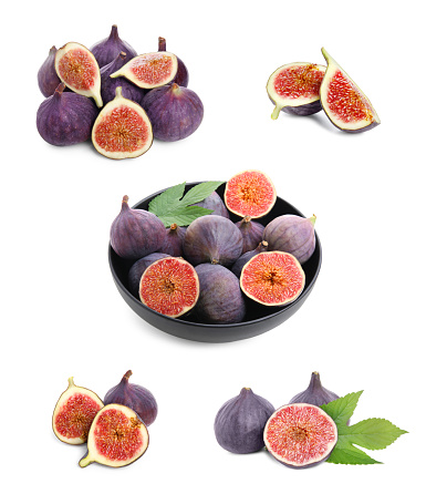 Set with tasty ripe whole and cut figs on white background