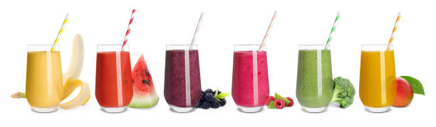 istock Set with different delicious smoothies in glasses on white background. Banner design 1490188337