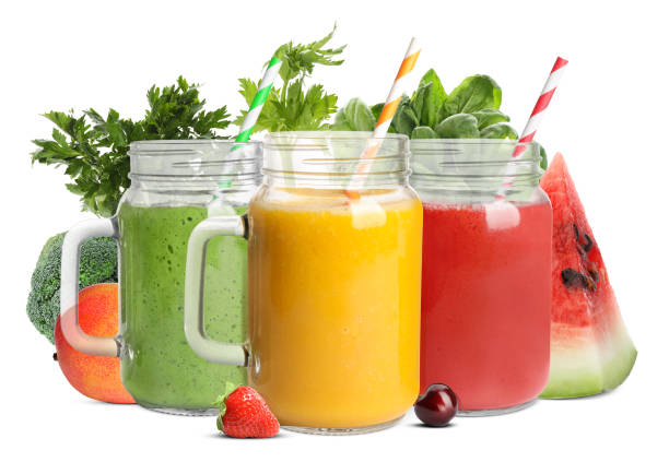 istock Different delicious smoothies in mason jars on white background 1490188345