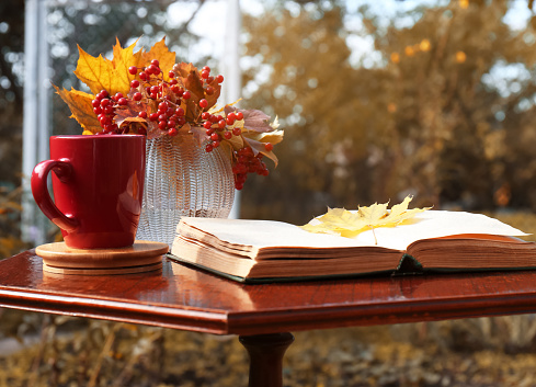 Autumn mood, autumn atmosphere. A cup of coffee, pumpkins, knitted warm blankets, books, autumn leaves on the windowsill.