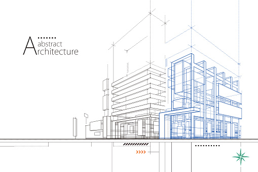 3D illustration abstract modern urban building out-line drawing of imagination architecture building construction perspective design.