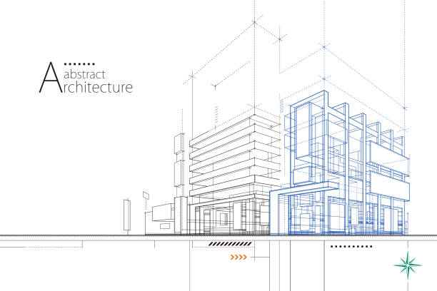 Outline drawings of abstract modern urban buildings and architecture. 3D illustration abstract modern urban building out-line drawing of imagination architecture building construction perspective design. Blueprint stock illustrations