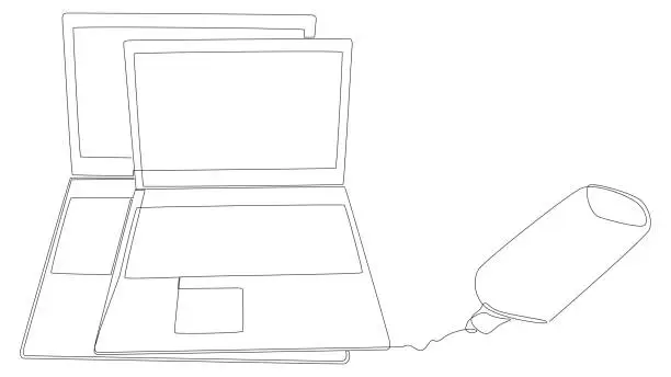 Vector illustration of One continuous line of Laptop drawn by felt tip pen. Thin Line Illustration vector concept. Contour Drawing Creative ideas.