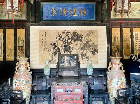 Part of Chinese embroidery works，peony flowers and butterfly  on display