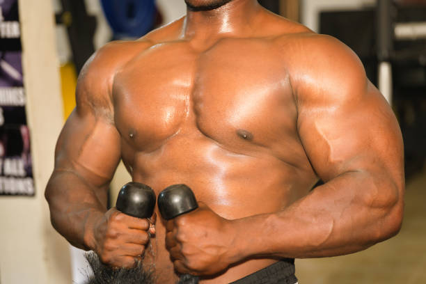 A black athlete is intensely exercising in the gym, strengthening their muscular build with a bare chested shoulder workout and sweating to achieve a healthy lifestyle.