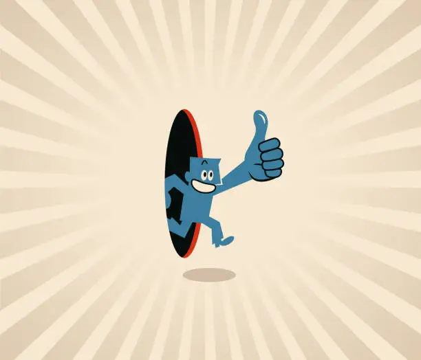 Vector illustration of A smiling blue man giving a thumbs-up gets out of his comfort zone