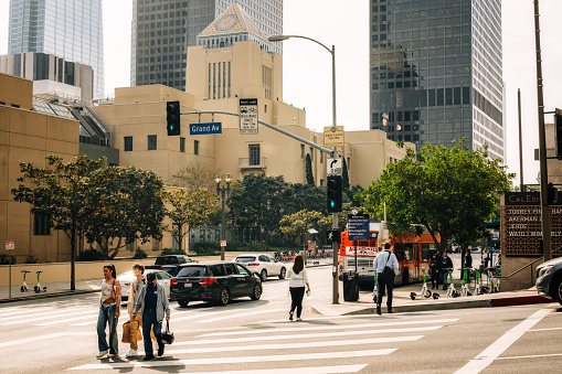 Los Angeles, California, USA - April 25, 2023. Downtown City of Los Angeles. Strret view, traffic, architecture, and people