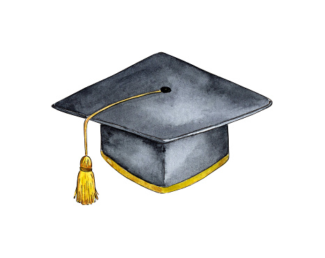 Watercolor illustration of cap student, graduate. Academic graduation celebration. University hat. Isolated on white background. Drawn by hand.