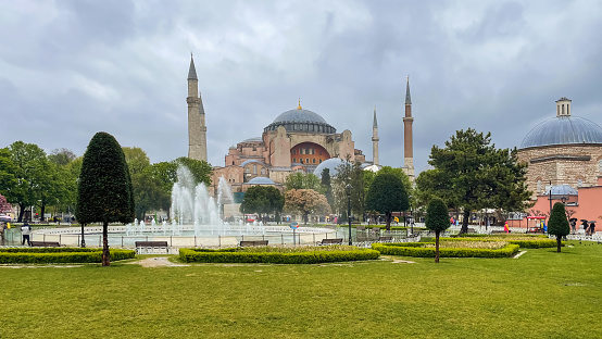 istanbul,Turkey.April 15,2023.Sultanahmed Square,important square in the historical peninsula of Istanbul with many tourist attractions. Historical buildings are located in this square. One of the most popular touristic squares .