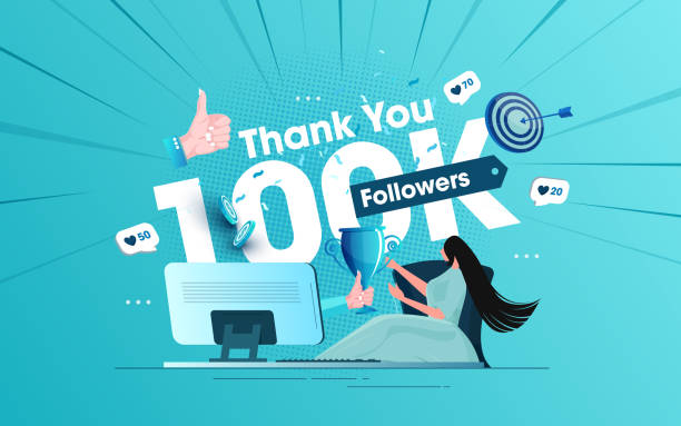 illustrazioni stock, clip art, cartoni animati e icone di tendenza di celebrando il concetto di 100k follower - mille grazie