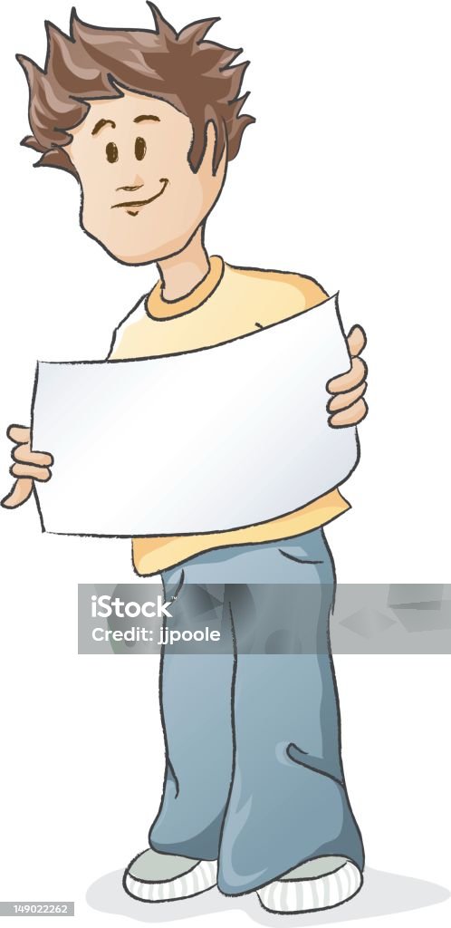 Jeune homme tenant un panneau vierge - clipart vectoriel de 18-19 ans libre de droits