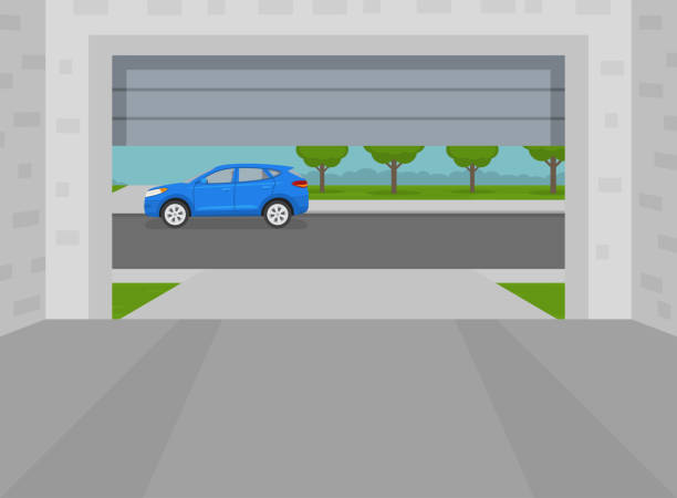 Opened home garage door. View from inside to the street. Indoor parking. Opened home garage door. View from inside to the street. Indoor parking. Flat vector illustration template. garage door cartoon stock illustrations