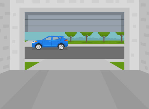 Opened home garage door. View from inside to the street. Indoor parking. Opened home garage door. View from inside to the street. Indoor parking. Flat vector illustration template. Driveway stock illustrations