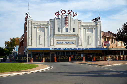 Leeton, New South Wales Australia May 12 2023. The Heritage-listed Roxy Theatre opened in 1930. It has a stage and orchestra pit. a mix of Art Deco and Spanish Mission styles. Currently under renovations