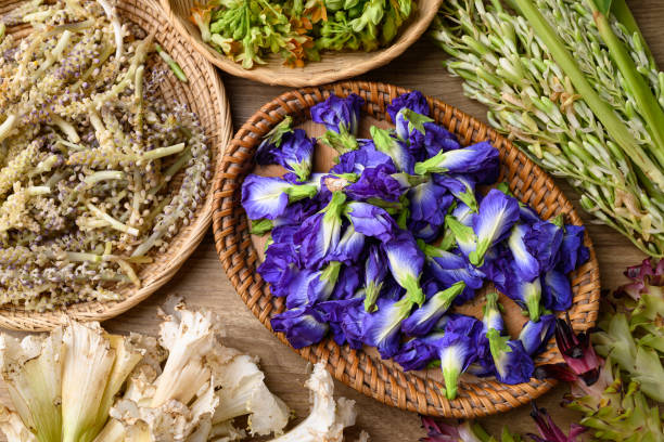 Thai edible flowers from organic local farmers market in Northern of Thailand, Sustainability concept stock photo