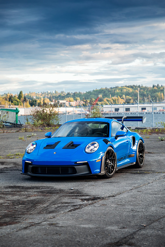 Seattle, WA, USA\nMay 15, 2023\nPorsche GT3 RS showing the front of the car with trees in the background