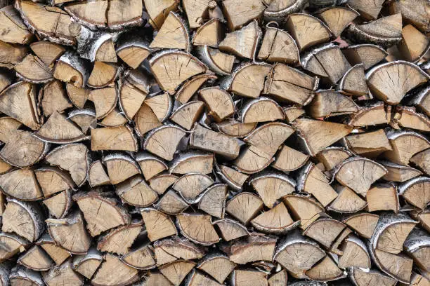 Photo of stacked woodpile of birch firewood in nature in the village Close up