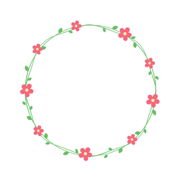 ilustrações, clipart, desenhos animados e ícones de videira verde redonda com moldura e borda de flores vermelhas, ilustração de vetor de elemento de design botânico floral - cute decoration invitation vine