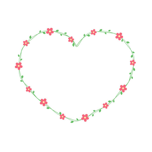 ilustrações, clipart, desenhos animados e ícones de borda da moldura floral em forma de coração, videira verde com flores vermelhas ilustração vetorial botânica bonito. dia dos namorados, elemento de design primavera verão. - cute decoration invitation vine