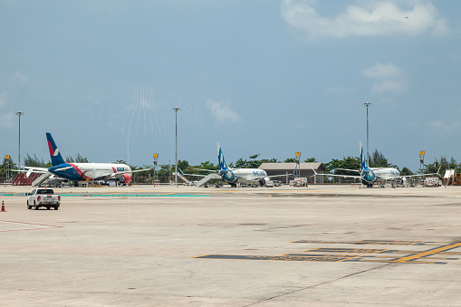 Thailand, Phuket - 04.05.23: Passenger aircrafts boeing 767 of russian and kazakhstan airlines SCAT and Azurair at the airport of thailand, phuket