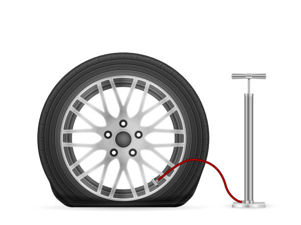 Hand air pump and flat tire vector art illustration