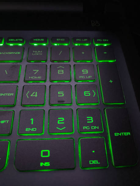 istock close up illuminated keyboard or flashing keyboard. cool keyboard with its green light use in the dark. Dark mode 1490236604