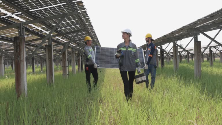 Team technician carry solar cell install