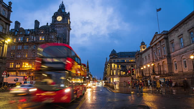 4K Footage Day to night Time lapse of Crowded Commuter People and Tourist walking and traveling around Princess street in Edinburgh New Town, Edinburgh,