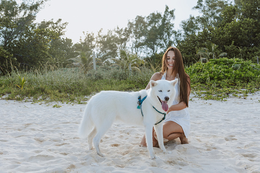 portrait of young latin woman with white pet dog at the caribbean beach in Mexico Latin America, hispanic positive people