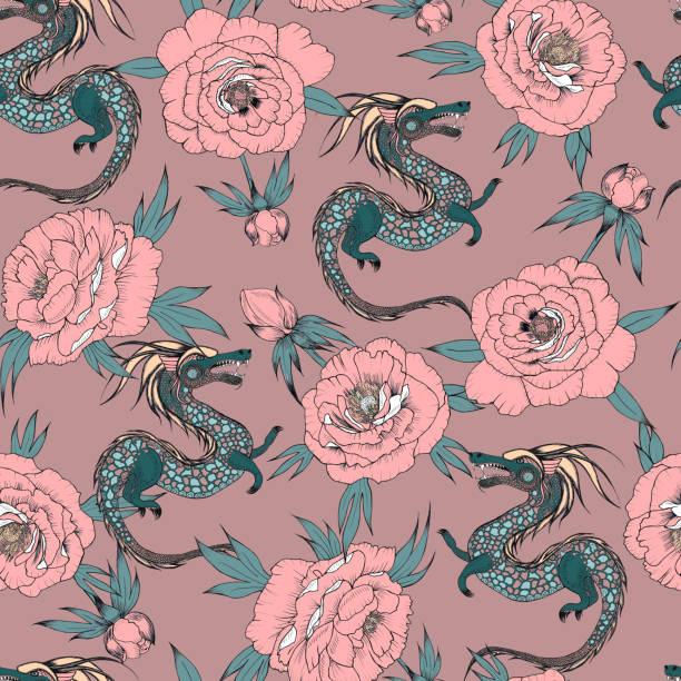 ilustrações, clipart, desenhos animados e ícones de peônias rosa e dragão verde padrão sem costura. estampa desenhada à mão para tecido e papel de parede. estilo oriental em cores da moda. - asian culture dragon textile symbol