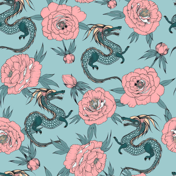 ilustrações, clipart, desenhos animados e ícones de peônias rosa e dragão verde padrão sem costura. estampa desenhada à mão para tecido e papel de parede. estilo oriental em cores da moda. - asian culture dragon textile symbol