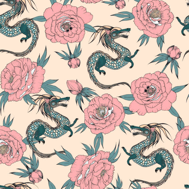 ilustraciones, imágenes clip art, dibujos animados e iconos de stock de peonías rosas y patrón sin costuras de dragón verde. impresión dibujada a mano para tela y papel pintado. estilo oriental en colores de moda. - asian culture dragon textile symbol