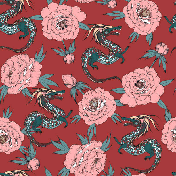 illustrazioni stock, clip art, cartoni animati e icone di tendenza di peonie rosa e motivo senza cuciture drago verde. stampa disegnata a mano per tessuto e carta da parati. stile orientale dai colori di tendenza. - asian culture dragon textile symbol