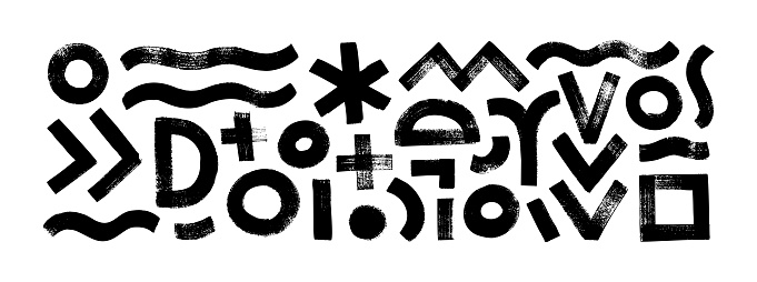 Collection brush drawn various geometric shapes. Hand drawn vector geometric figures isolated on white. Wavy bold lines, circles, square, asterisk and triangle lines. Grunge style black shapes.