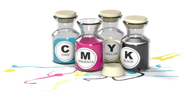 Substractive colors CMYK. Cyan, Magenta, Yellow and Key bottles over white background. 3D illustration.