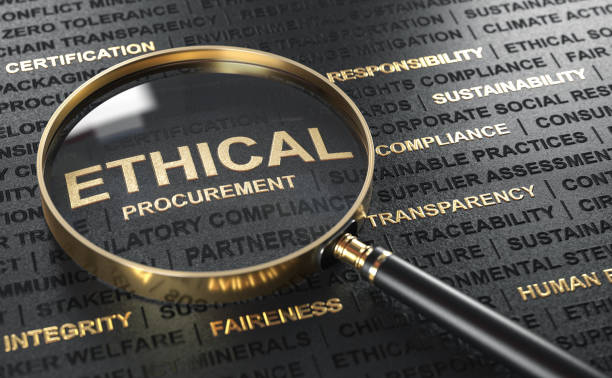 Ethical procurement, sustainable sourcing. Magnifying glass over words cloud with the text ethical produrement. Black background and golden letters. traceability stock pictures, royalty-free photos & images
