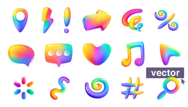 Speech, location, spiral, note, lightning, arrow, exclamation, loading, lupe, heart rainbow icons. Speech bubble, Location mark, Spiral curve, Music note, Lightning, Arrow, Exclamation sign, Loading icon, Lupe, Heart rainbow icons. Plastic cartoon style. Vector 3D render style glossy colorful set. neon music notes stock illustrations