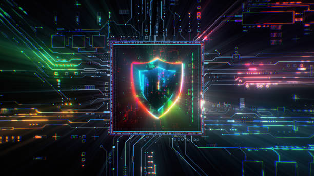 istock Internet safety concept. Digital shield firewall protection from viruses and malware. Modern futuristic technology background. 3D render 1490252219