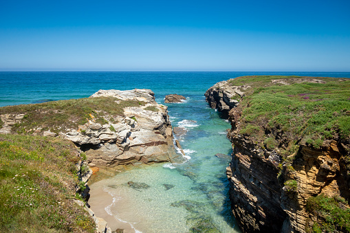 As Catedrais beach - Beach of the Cathedrals - in Galicia, Spain. Cliffs and ocean view