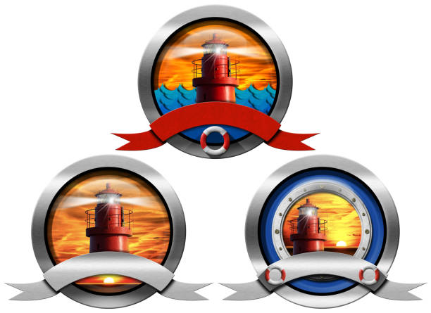 three metal symbols or icons with a red lighthouse and copy space - life jacket isolated red safety imagens e fotografias de stock