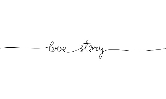 Love story - word with continuous one line. Minimalist drawing of phrase illustration. Love story - continuous one line illustration.