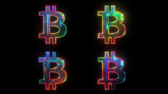The Power of Crypto currency. Vibrant Bitcoin icon on black background. Set of four items. Design element