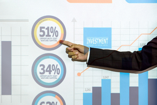 Closeup businessman's hand  pointing at venture capital chart on presentation monitor.