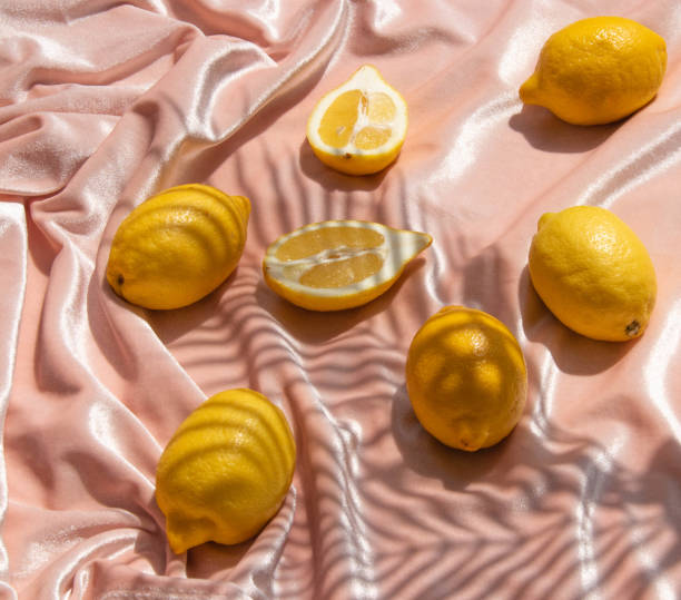 istock Summer creative layout with lemons and palm leaves shadow on pastel pink velevet background. 80s or 90s retro aesthetic idea. Minimal summer fruit idea. 1490257535