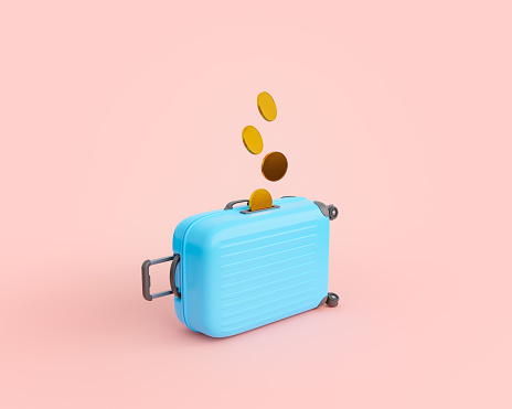 3D rendering of golden coins levitating over creative blue suitcase shaped money box against pink background